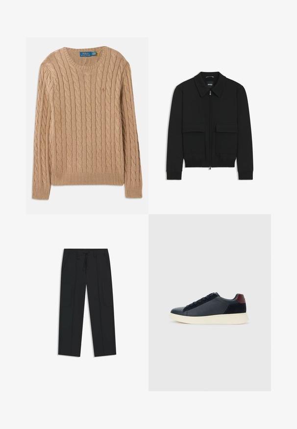 Czarna kurtka bomberka z kołnierzykiem, zapinana na zamek, z dwiema dużymi kieszeniami z klapami. Posiada ściągacze na mankietach i dole, wykonana z teksturowanej tkaniny.; Beżowy sweter z dzianiny z wzorem w warkocze, okrągły dekolt, ściągacze na mankietach i dole. Zawiera metkę z logo marki na wewnętrznej stronie dekoltu.; Czarne spodnie cargo wykonane z nylonu. Posiadają elastyczny pasek w talii z regulowanym sznurkiem, kieszenie boczne oraz płaski przód.; Niskie męskie sneakersy z czarnej skóry i zamszu, z bordową pętlą na pięcie i białą gumową podeszwą, widziane z zewnętrznej strony.