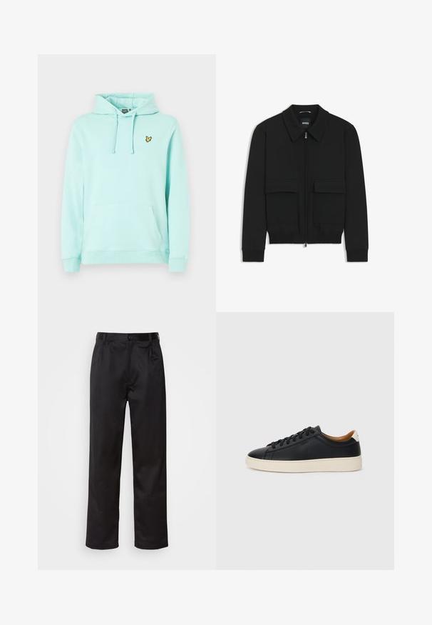 Giacca bomber nera con colletto, chiusura a zip frontale e due grandi tasche con patta. Presenta polsini e orlo a costine, realizzata in tessuto testurizzato.; Felpa verde menta realizzata in materiale morbido, con tasca frontale a marsupio, cappuccio con cordino e un piccolo logo ricamato giallo.; Pantaloni neri realizzati in tessuto morbido, con chiusura frontale a bottone, pieghe e gambe dritte. Nessun motivo o accento visibile.; Sneakers in pelle nera con una texture liscia, suola in gomma beige, design con lacci e un accento del tacco in contrasto.