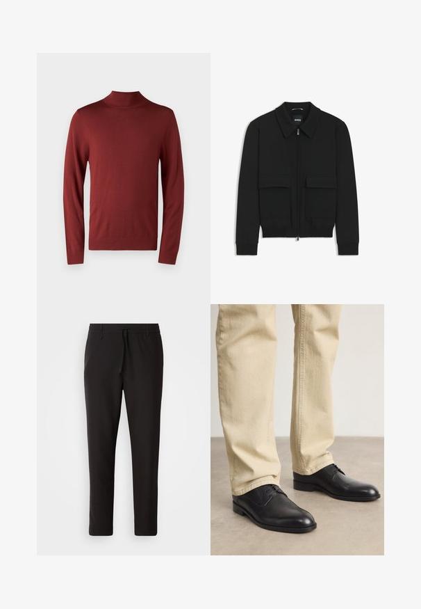 Zwarte bomberjack met een kraag, rits aan de voorkant en twee grote klepzakken. Heeft geribde manchetten en onderrand, gemaakt van textuurstof.; Rode coltrui gemaakt van zacht gebreid materiaal, met lange mouwen, geribbelde manchetten en kraag, met een gladde, gelijkmatige textuur.; Zwarte joggingsbroek van gladde stof. Kenmerkt zich door een elastische tailleband met een trekkoord, taps toelopende benen en geen zichtbare zakken. Eenvoudig ontwerp.; Zwarte leren veterschoenen met een ronde neus, een gladde afwerking en subtiele stikdetails, gedragen met lichtbeige broeken.