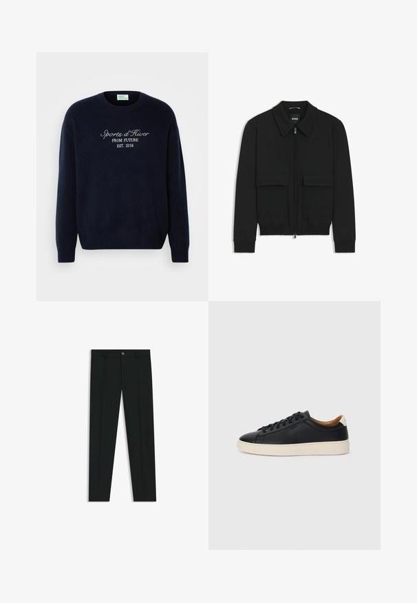 Giacca bomber nera con colletto, chiusura a zip frontale e due grandi tasche con patta. Presenta polsini e orlo a costine, realizzata in tessuto testurizzato.; Maglione blu navy realizzato in morbido tessuto, con un classico collo a giro e testo ricamato: "Sports d'Hiver FROM FUTURE EST. 2018."; Pantaloni neri in tessuto lisci, con design a gamba dritta. Presentano una chiusura frontale con bottone e passanti per cintura. Senza fantasie.; Sneakers in pelle nera con una texture liscia, suola in gomma beige, design con lacci e un accento del tacco in contrasto.