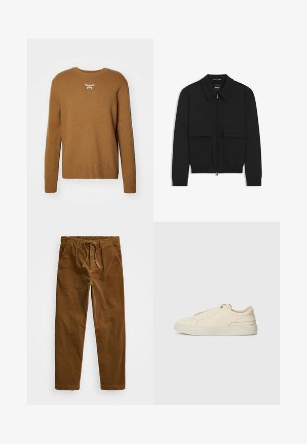 Black bomber jacket with a collared neck, zip front, and two large flap pockets. Features ribbed cuffs and hem, made of textured fabric.; Brown sweater with a crew neck, ribbed cuffs and hem, made of soft fabric, featuring a small white logo emblem on the chest.; Brown corduroy pants featuring an elastic waistband with drawstring, side pockets, and straight legs with textured ribbing.; Beige leather sneaker with a rounded toe, minimalistic design, subtle stitching details, and a textured upper, on a light sole.