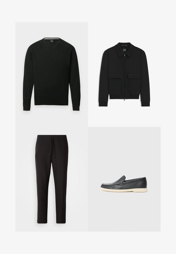 Black bomber jacket with a collared neck, zip front, and two large flap pockets. Features ribbed cuffs and hem, made of textured fabric.; Black long-sleeve V-neck sweater with ribbed cuffs and hem, featuring subtle "BOSS" logo on the left chest.; Black jogger pants made of smooth fabric. Feature an elastic waistband with a drawstring, tapered legs, and no visible pockets. Simple design.; Black leather slip-on loafers with a textured finish and a contrasting beige rubber sole. Features a subtle accent along the front.
