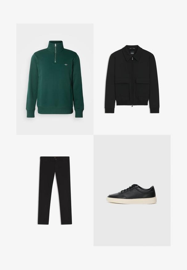 Giacca bomber nera con colletto, chiusura a zip frontale e due grandi tasche con patta. Presenta polsini e orlo a costine, realizzata in tessuto testurizzato.; Felpa verde con zip, caratterizzata da un alto colletto, maniche lunghe e un piccolo logo sul petto. Tessuto morbido e liscio.; Pantaloni neri realizzati in tessuto con una superficie liscia. Presentano una chiusura con bottone, passanti per cintura e tasche laterali. Design a gamba dritta standard.; Sneaker in pelle nera a basso profilo con lacci neri e suola avorio, mostrato di profilo su sfondo bianco.