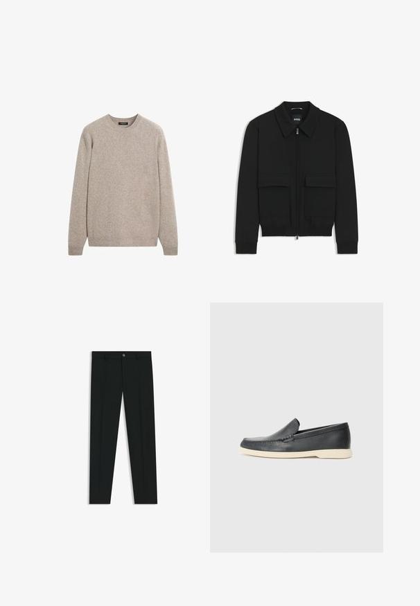 Schwarze Bikerjacke mit Kragen, Reißverschluss vorne und zwei großen Taschen mit Klappen. Mit Rippstrickbündchen und Saum, aus strukturiertem Stoff gefertigt.; Beige gestrickter Pullover mit rundem Halsausschnitt, langen Ärmeln, gerippten Bündchen und Saum, ausgestattet mit einer dezente Textur und leichtem Material.; Schwarze Anzughosen mit geradem Bein, aus glattem Stoff. Mit Knopfverschluss vorne und Gürtelschlaufen. Schlicht ohne Muster.; Schwarze Leder-Slipper mit strukturiertem Finish und einer kontrastierenden beige Gummisohle. Mit einem dezenten Akzent an der Vorderseite.