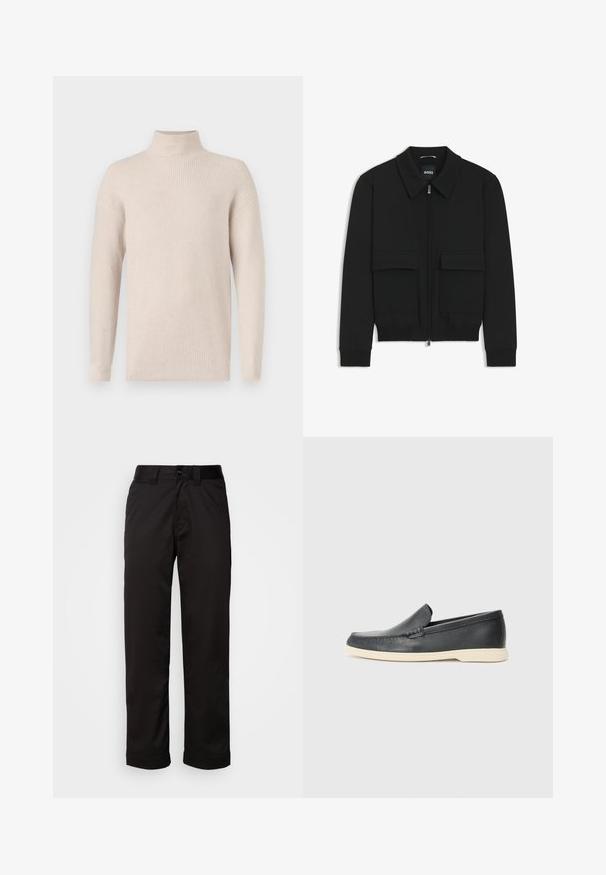Black bomber jacket with a collared neck, zip front, and two large flap pockets. Features ribbed cuffs and hem, made of textured fabric.; Light beige ribbed knit turtleneck sweater with long sleeves and a slightly loose fit, displayed on a white background.; Black trousers made of smooth fabric, featuring a zip fly, button closure, and rolled cuffs for a casual design.; Black leather slip-on loafers with a textured finish and a contrasting beige rubber sole. Features a subtle accent along the front.