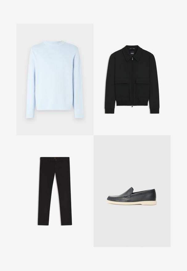 Musta pommikohva takki, jossa on kauluskulli, vetoketju etupuolella ja kaksi suurta läpällistä taskua. Varustettu ribbireunuksilla hihoissa ja helmassa, valmistettu teksturoituneesta kankaasta.; Vaaleansininen villapaita, jossa on pitkät hihat ja pyöreä kaula-aukko. Sileä rakenne, ribbireunus kaula-aukossa ja helmassa. Minimalistinen muotoilu, ei kuvioita tai koristeita.; Mustat housut, jotka on valmistettu sileätekstiilisestä kankaasta. Varustettu nappikiinnityksellä, vyölenkeillä ja sivutaskuilla. Standardi suora lahjemalli.; Mustat nahkakengät ilman nauhoja, joissa on teksturoitu pinta ja kontrastoiva beige kumipohja. Kengissä on hillitty yksityiskohta etuosassa.