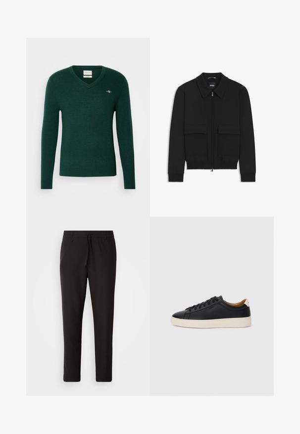 Zwarte bomberjack met een kraag, rits aan de voorkant en twee grote klepzakken. Heeft geribde manchetten en onderrand, gemaakt van textuurstof.; Donkergroene V-hals trui, gemaakt van zacht materiaal. Fitted ontwerp met lange mouwen en een klein geborduurd logo op de borst.; Zwarte joggingsbroek van gladde stof. Kenmerkt zich door een elastische tailleband met een trekkoord, taps toelopende benen en geen zichtbare zakken. Eenvoudig ontwerp.; Zwarte leren sneakers met een gladde textuur, beige rubberen zool, vetersluiting en een contrasterende hielaccent.