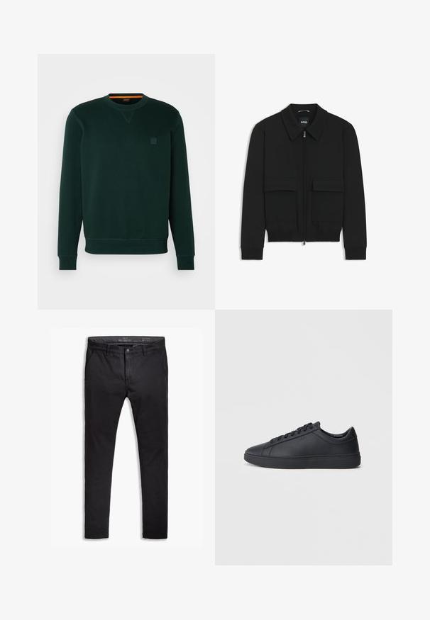 Zwarte bomberjack met een kraag, rits aan de voorkant en twee grote klepzakken. Heeft geribde manchetten en onderrand, gemaakt van textuurstof.; Donkergroene sweatshirt van zachte stof, met een ronde hals, geribde manchetten en een klein logo-opdruk op de borst. Glad van structuur.; Zwarte katoenen chinos met een taps toelopende pasvorm, voorzien van vijf zakken, riemlussen en een gladde textuur. Ritssluiting met een knoopsluiting.; Zwarte sneakers van glad leer met een lage schacht, ronde neus en platte rubberen zool. Voorzien van veters en subtiele branding.