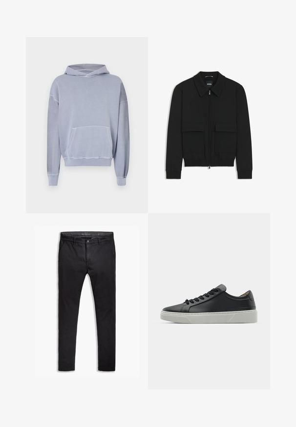 Schwarze Bikerjacke mit Kragen, Reißverschluss vorne und zwei großen Taschen mit Klappen. Mit Rippstrickbündchen und Saum, aus strukturiertem Stoff gefertigt.; Helle blaue Kapuzenjacke mit einer Vorderseite-Tasche, Kordelzug-Kapuze und gerippten Bündchen. Hergestellt aus weichem, strukturierten Stoff mit lockerer Passform.; Schwarze Baumwollchinos mit einem schmalen Schnitt, ausgestattet mit fünf Taschen, Gürtelschlaufen und einer glatten Textur. Reißverschluss mit Knopfverschluss.; Schwarze Ledersneaker mit glatter Textur, runder Zehenform und schwarzen Schnürsenkeln. Verfügt über eine dicke, weiße Gummisohle mit subtilen geometrischen Akzenten.