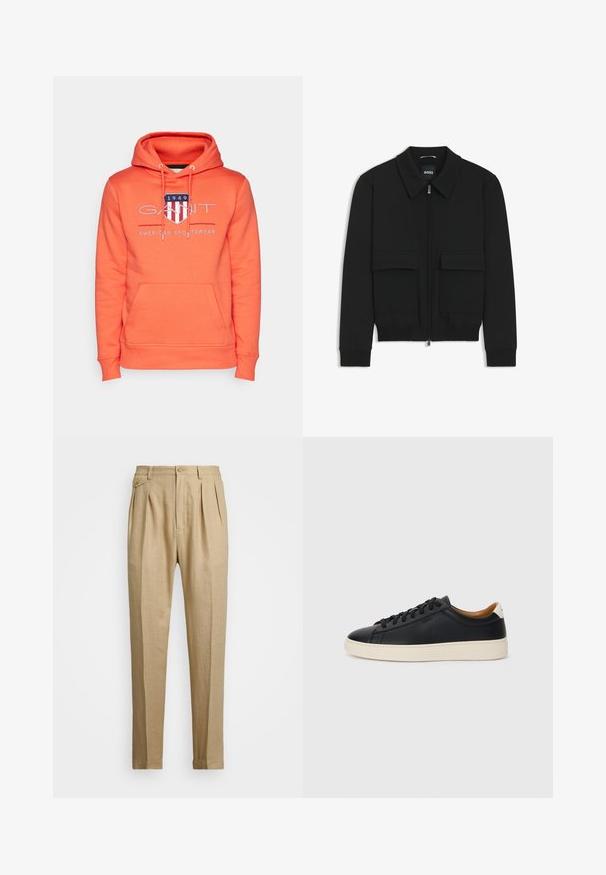 Giacca bomber nera con colletto, chiusura a zip frontale e due grandi tasche con patta. Presenta polsini e orlo a costine, realizzata in tessuto testurizzato.; GANT ARCHIVE SHIELD - Felpa con cappuccio - orange; Pantaloni in lino beige con taglio dritto, dotati di due pince anteriori, chiusura con bottone e tasche laterali. Tessuto testurizzato con una finitura liscia.; Sneakers in pelle nera con una texture liscia, suola in gomma beige, design con lacci e un accento del tacco in contrasto.