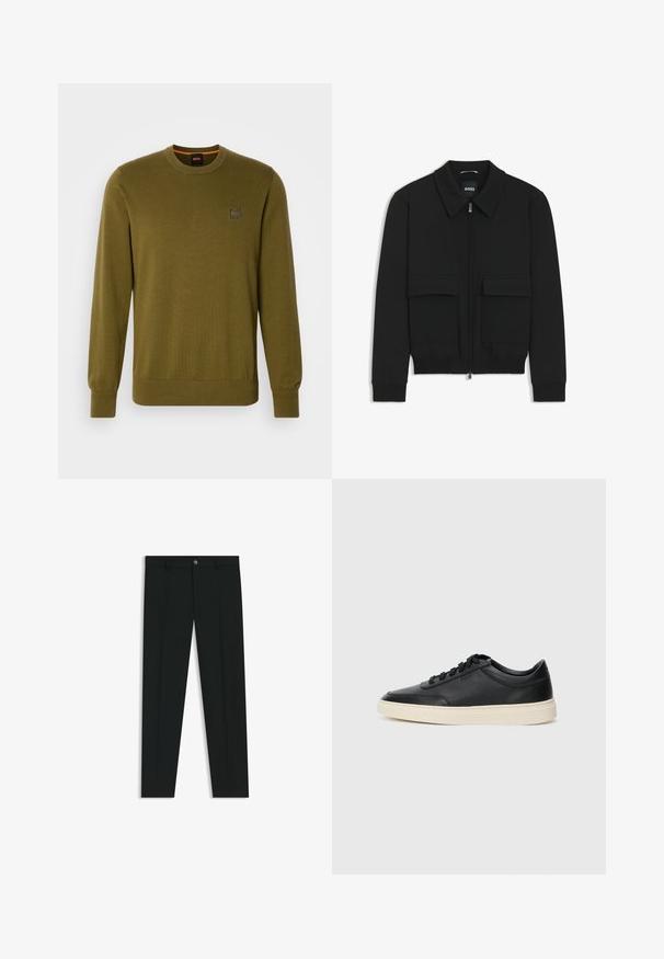 Black bomber jacket with a collared neck, zip front, and two large flap pockets. Features ribbed cuffs and hem, made of textured fabric.; Olive green knit sweater with a crew neckline and long sleeves. Features a small logo patch on the chest and ribbed cuffs and hem.; Black dress pants with a straight-leg design, made of smooth fabric. Features a front button closure and belt loops. Plain without patterns.; Black low-top leather sneaker with black laces and off-white sole shown in side profile on white background.
