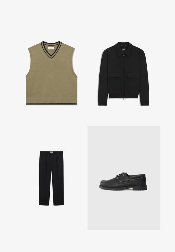 Czarna kurtka bomberka z kołnierzykiem, zapinana na zamek, z dwiema dużymi kieszeniami z klapami. Posiada ściągacze na mankietach i dole, wykonana z teksturowanej tkaniny.; Bezrękawnik w kształcie litery V w oliwkowym zielonym kolorze, wykonany z prążkowanej dzianiny, z czarnymi paskami na kołnierzu i na dolnym rzędzie.; Czarne, dopasowane spodnie z przodu z zakładkami, prostą nogawką i zapięciem na guzik. Materiał wygląda gładko z delikatnym połyskiem.; Czarne skórzane buty żeglarskie z grubą gumową podeszwą, sznurowanym przodem i ozdobnymi oczkami po bokach na jednolitym jasnoszarym tle.