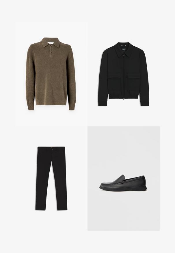 Schwarze Bikerjacke mit Kragen, Reißverschluss vorne und zwei großen Taschen mit Klappen. Mit Rippstrickbündchen und Saum, aus strukturiertem Stoff gefertigt.; Brauner Strickpullover mit Kragen, knöpfbarer Lasche mit drei Knöpfen, langen Ärmeln und strukturierter Stoffqualität. Normale Passform und einfarbig.; Schwarze Hosen aus einem Stoff mit glatter текстуре. Verfügt über einen Knopfverschluss, Gürtelschlaufen und Seitentaschen. Klassisches Design mit geradem Bein.; Schwarze Leder Slipper mit strukturiertem Obermaterial, runder Zehenform, niedrigem Absatz und Gummisohle, seitlich auf weißem Hintergrund abgebildet.