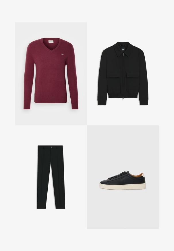 Black bomber jacket with a collared neck, zip front, and two large flap pockets. Features ribbed cuffs and hem, made of textured fabric.; Burgundy V-neck sweater with long sleeves, knitted texture, slim fit, and a small logo on the left chest. Soft fabric and ribbed cuffs.; Black dress pants with a straight-leg design, made of smooth fabric. Features a front button closure and belt loops. Plain without patterns.; Black leather sneakers with a smooth texture, beige rubber sole, lace-up design, and a contrasting heel accent.