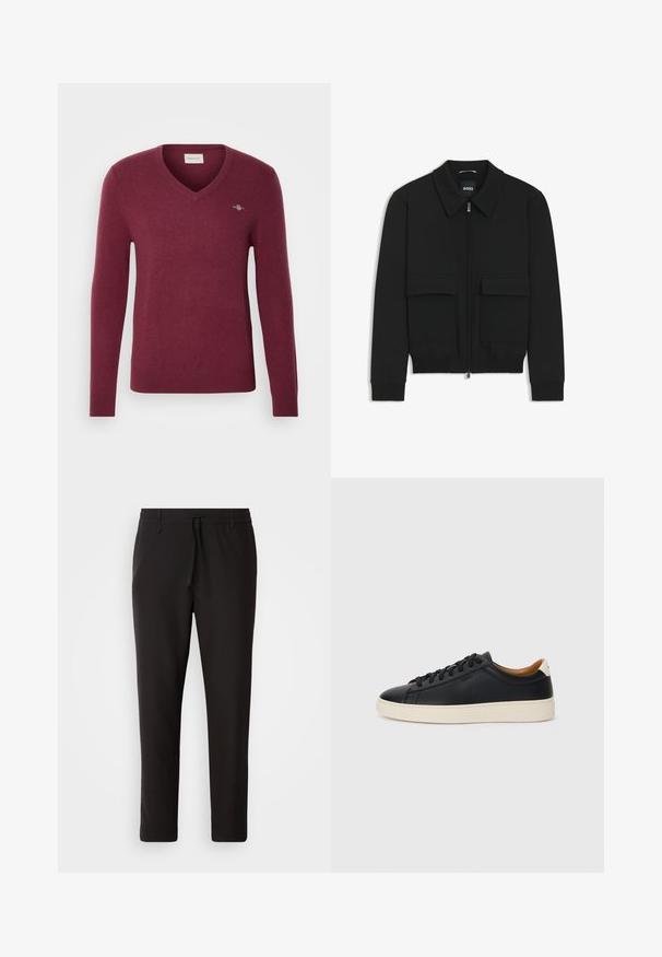 Schwarze Bikerjacke mit Kragen, Reißverschluss vorne und zwei großen Taschen mit Klappen. Mit Rippstrickbündchen und Saum, aus strukturiertem Stoff gefertigt.; Burgunderfarbener V-Ausschnitt-Pullover mit langen Ärmeln, gestrickter Textur, schmaler Schnitt und kleinem Logo auf der linken Brust. Weicher Stoff und gerippte Bündchen.; Schwarze Jogginghose aus glattem Stoff. Mit einem elastischen Bund und Kordelzug, schmal zulaufenden Beinen und ohne sichtbare Taschen. Einfaches Design.; Schwarze Ledersneaker mit glatter Textur, beiger Gummisohle, Schnürdesign und einem kontrastierenden Fersenakzent.