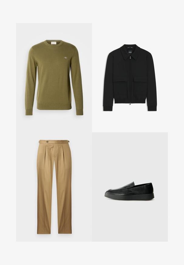 Zwarte bomberjack met een kraag, rits aan de voorkant en twee grote klepzakken. Heeft geribde manchetten en onderrand, gemaakt van textuurstof.; Olijfgroen gebreid sweater met een ronde hals, lange mouwen en geribde manchetten en zoom. Heeft een klein geborduurd logo op de borst.; Beige broek met een rechte pasvorm, voorzien van plooien, een knoopsluiting en riemlussen. Gladde stof met een nette, op maat gemaakte uitstraling.; Calvin Klein HYBRID CUP - Instappers - triple black