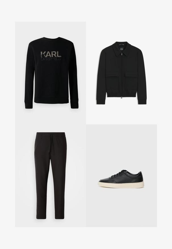 Black bomber jacket with a collared neck, zip front, and two large flap pockets. Features ribbed cuffs and hem, made of textured fabric.; Black long-sleeve sweatshirt with textured "KARL LAGERFELD" logo embroidered on the chest, featuring a simple round neckline.; Black jogger pants made of smooth fabric. Feature an elastic waistband with a drawstring, tapered legs, and no visible pockets. Simple design.; Black low-top leather sneaker with black laces and off-white sole shown in side profile on white background.