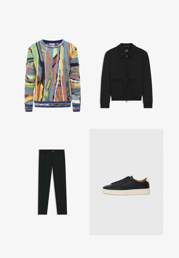 Black bomber jacket with a collared neck, zip front, and two large flap pockets. Features ribbed cuffs and hem, made of textured fabric.; Multicolored knit sweater featuring abstract patterns in blue, yellow, red, and black. Ribbed collar and cuffs, textured fabric.; Black dress pants with a straight-leg design, made of smooth fabric. Features a front button closure and belt loops. Plain without patterns.; Black leather sneakers with a smooth texture, beige rubber sole, lace-up design, and a contrasting heel accent.