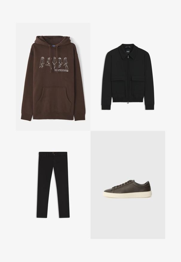 Black bomber jacket with a collared neck, zip front, and two large flap pockets. Features ribbed cuffs and hem, made of textured fabric.; Brown hoodie with a drawstring hood, front pocket, and white line art design depicting figures. Features "KID SUPER STUDIOS" logo.; Black trousers made of fabric with a smooth texture. Features a button closure, belt loops, and side pockets. Standard straight-leg design.; Dark brown leather sneaker with a textured finish, white rubber sole, and flat laces. Minimalist design with no visible logos.