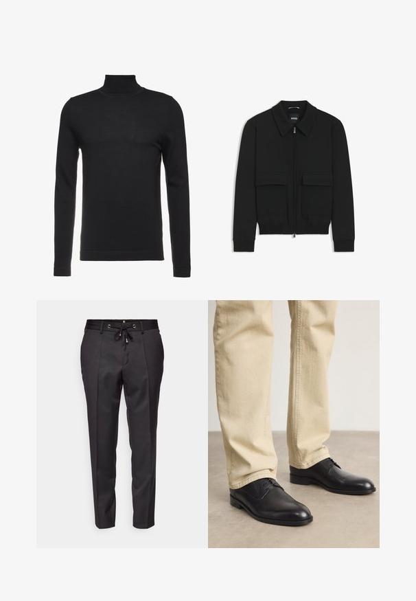 Black bomber jacket with a collared neck, zip front, and two large flap pockets. Features ribbed cuffs and hem, made of textured fabric.; Black turtleneck sweater made of soft, ribbed fabric. Fitted design with long sleeves and a high neck. Minimalist style, no visible patterns.; Black tailored pants with a drawstring waistband, pleated front, and cuffed hems. Made from smooth fabric with a structured fit.; Black leather lace-up shoes with a rounded toe, smooth finish, and subtle stitching details, worn with light beige pants.