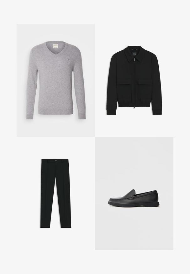 Black bomber jacket with a collared neck, zip front, and two large flap pockets. Features ribbed cuffs and hem, made of textured fabric.; Gray wool V-neck sweater with long sleeves, featuring a small embroidered logo on the chest and ribbed cuffs and hem.; Black dress pants with a straight-leg design, made of smooth fabric. Features a front button closure and belt loops. Plain without patterns.; Black leather slip-on loafer with textured upper, rounded toe, low heel, and rubber sole, shown in side profile on white background.