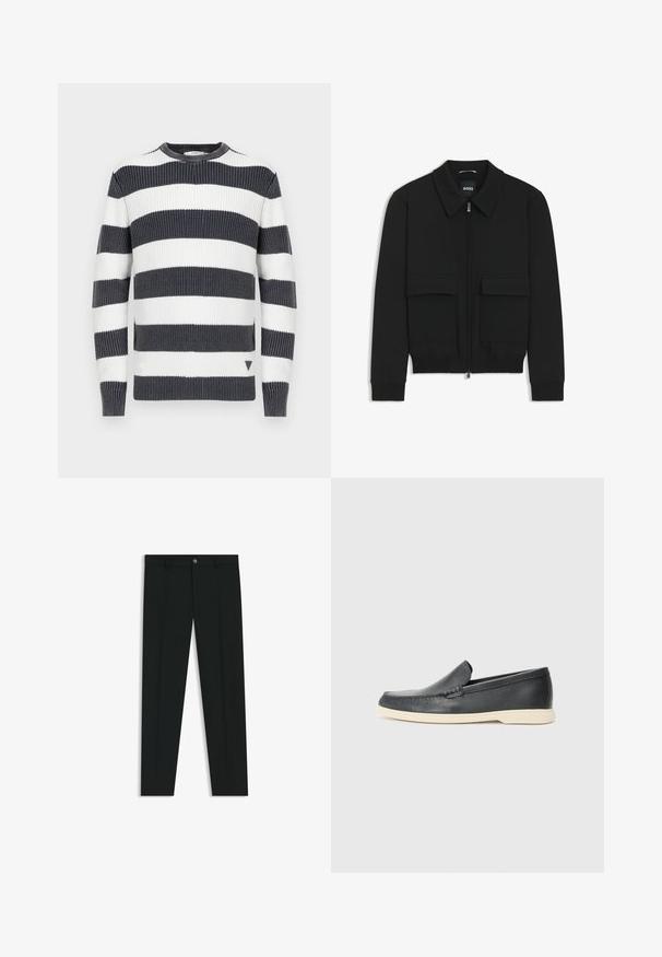 Svart bomberjacka med krage, dragkedja framtill och två stora klafffickor. Har ribbade mudd och nederkant, tillverkad av strukturerad tyg.; Randig tröja med kraftiga horisontella ränder i marinblått och vitt; ribbad struktur; rund halsringning; liten triangulär detalj vid fållen.; Svarta dressbyxor med rak bendesign, gjorda av ett mjukt tyg. Har stängning med frontknapp och bälteshällor. Enfärgade utan mönster.; Svarta läder slip-on loafers med en texturerad yta och en kontrasterande beige gummisula. Har en subtil accent längs fram.