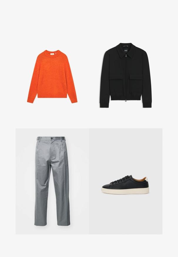 Black bomber jacket with a collared neck, zip front, and two large flap pockets. Features ribbed cuffs and hem, made of textured fabric.; Orange sweater made of soft fabric, featuring a ribbed neckline and hem, with long sleeves and a relaxed fit. No patterns or embellishments.; Gray cotton blend trousers with a straight-leg design, featuring a front button closure, belt loops, and side pockets.; Black leather sneakers with a smooth texture, beige rubber sole, lace-up design, and a contrasting heel accent.