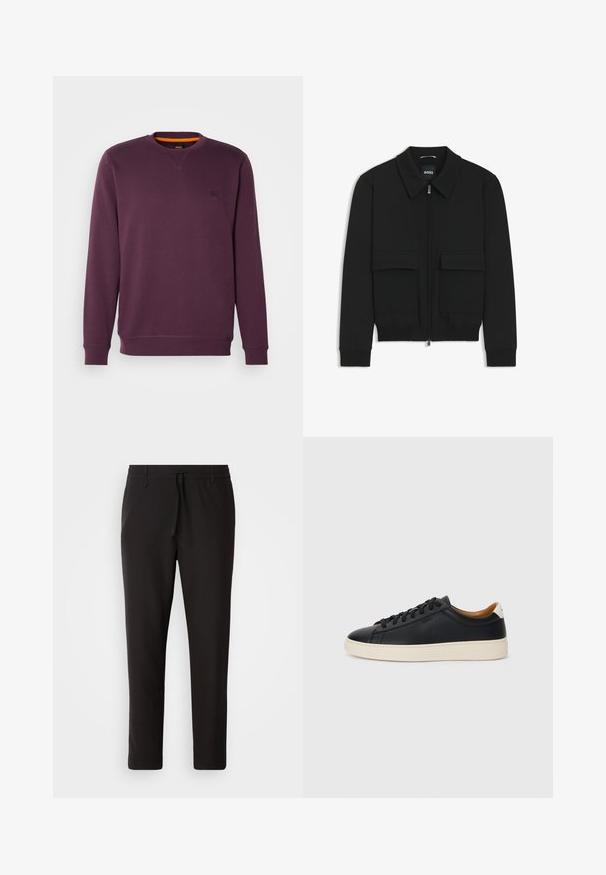Giacca bomber nera con colletto, chiusura a zip frontale e due grandi tasche con patta. Presenta polsini e orlo a costine, realizzata in tessuto testurizzato.; Felpa viola con collo a giro, caratterizzata da una piccola toppa con logo e un accento arancione all'interno del colletto. Tessuto morbido e strutturato.; Pantaloni jogger neri realizzati in tessuto liscio. Presentano una vita elasticizzata con stringa, gambe affusolate e senza tasche visibili. Design semplice.; Sneakers in pelle nera con una texture liscia, suola in gomma beige, design con lacci e un accento del tacco in contrasto.