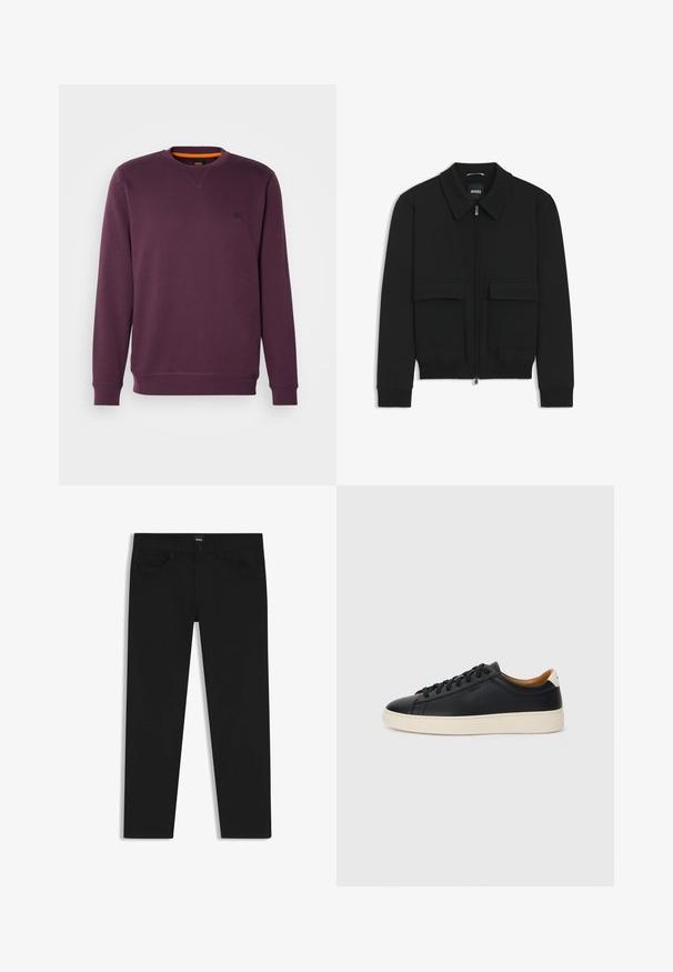Giacca bomber nera con colletto, chiusura a zip frontale e due grandi tasche con patta. Presenta polsini e orlo a costine, realizzata in tessuto testurizzato.; Felpa viola con collo a giro, caratterizzata da una piccola toppa con logo e un accento arancione all'interno del colletto. Tessuto morbido e strutturato.; Pantaloni in denim nero con taglio dritto, dotati di vita standard, cinque tasche e chiusura con bottone. Texture liscia su tutta la superficie.; Sneakers in pelle nera con una texture liscia, suola in gomma beige, design con lacci e un accento del tacco in contrasto.