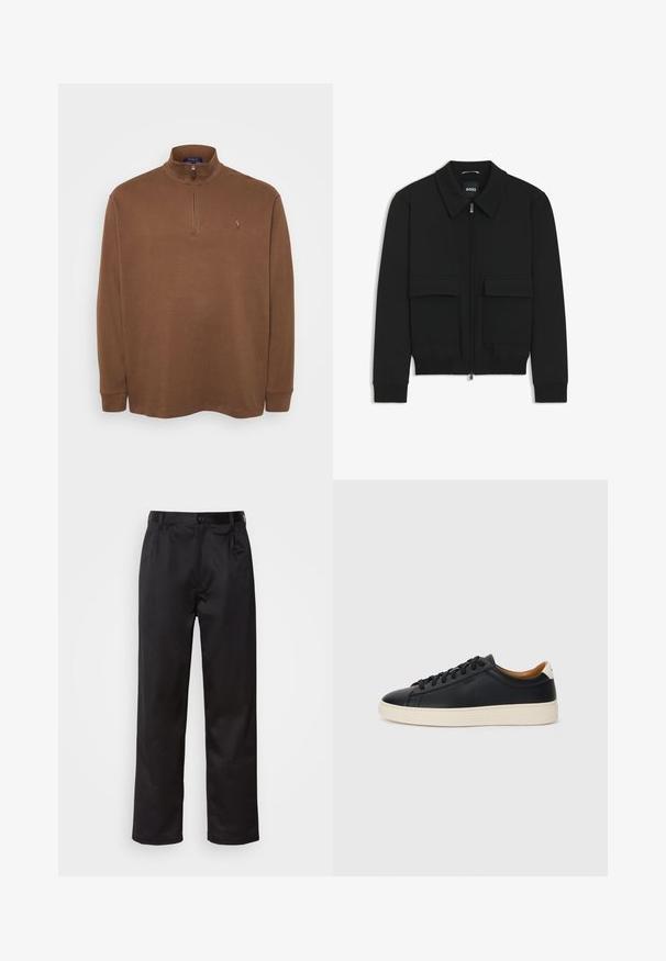 Svart bomberjacka med krage, dragkedja framtill och två stora klafffickor. Har ribbade mudd och nederkant, tillverkad av strukturerad tyg.; Brun långärmad polo med hög krage, utrustad med en kvartsdragkedja. Mjuk känsla med en liten logodetalj på bröstet.; Svarta byxor i slätt tyg med framknäppning, veck och raka ben. Inga synliga mönster eller detaljer.; Svarta lädersneakers med en slät yta, beige gummisula, snörning och en kontrasterande hälackcent.