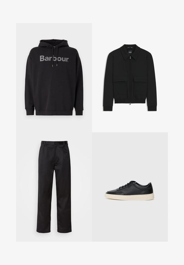 Black bomber jacket with a collared neck, zip front, and two large flap pockets. Features ribbed cuffs and hem, made of textured fabric.; Black hooded sweatshirt with gray "Barbour" logo across the chest, featuring a drawstring hood and ribbed cuffs and hem.; Black trousers made of smooth fabric, featuring a front button closure, pleats, and straight legs. No visible patterns or accents.; Black low-top leather sneaker with black laces and off-white sole shown in side profile on white background.