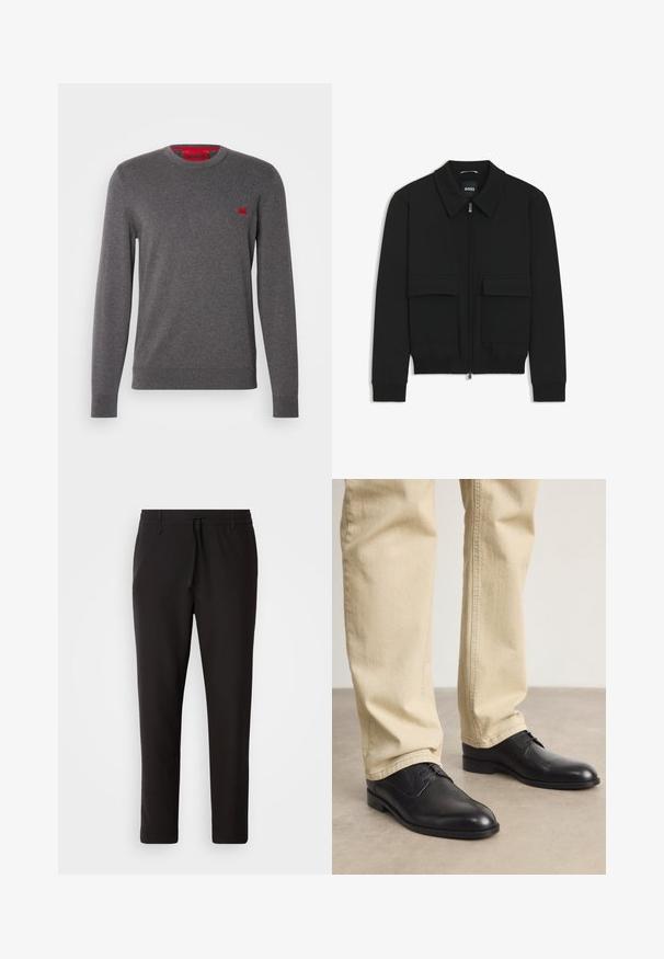 Giacca bomber nera con colletto, chiusura a zip frontale e due grandi tasche con patta. Presenta polsini e orlo a costine, realizzata in tessuto testurizzato.; Maglione grigio girocollo in tessuto morbido, con una piccola patch rossa sul petto, polsini e orlo a costine per un look aderente.; Pantaloni jogger neri realizzati in tessuto liscio. Presentano una vita elasticizzata con stringa, gambe affusolate e senza tasche visibili. Design semplice.; Scarpe stringate in pelle nera con punta arrotondata, finitura liscia e dettagli di cucitura sottili, indossate con pantaloni beige chiaro.