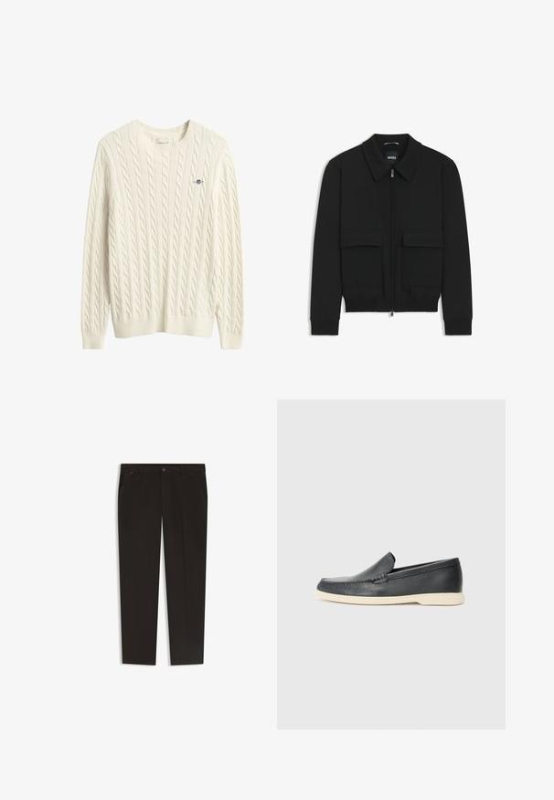 Zwarte bomberjack met een kraag, rits aan de voorkant en twee grote klepzakken. Heeft geribde manchetten en onderrand, gemaakt van textuurstof.; Roomkleurige kabelgebreide trui met een ronde hals, geribbelde manchetten en zoom. Voorzien van een klein geborduurd logo op de linkerborst.; Zwarte broek met een rechte pijpdesign, gemaakt van een gladde stof. Voorzien van een knoopsluiting en vo pockets. Geen zichtbare patronen of accenten.; Zwarte leren instappers met een gestructureerde afwerking en een contrasterende beige rubberen zool. Beschikt over een subtiele accent langs de voorkant.