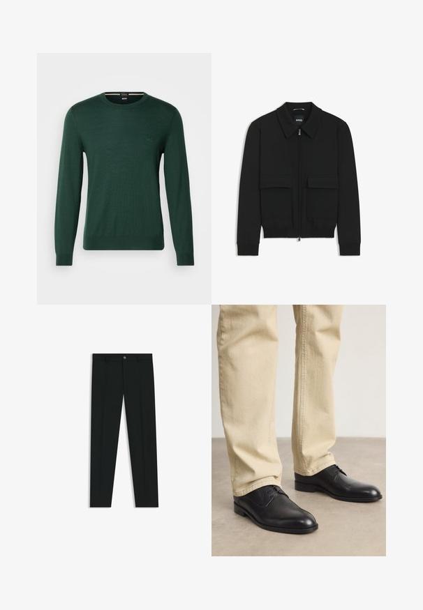 Schwarze Bikerjacke mit Kragen, Reißverschluss vorne und zwei großen Taschen mit Klappen. Mit Rippstrickbündchen und Saum, aus strukturiertem Stoff gefertigt.; Dunkelgrüner Pullover mit langen Ärmeln, Rundhalsausschnitt und gerippten Bündchen. Verfügt über dezente Logostickerei auf der Brust in passender Farbe.; Schwarze Anzughosen mit geradem Bein, aus glattem Stoff. Mit Knopfverschluss vorne und Gürtelschlaufen. Schlicht ohne Muster.; Schwarze Leder Schnürschuhe mit runder Zehenform, glatter Oberfläche und dezenten Nähdetails, getragen mit hellbeigen Hosen.