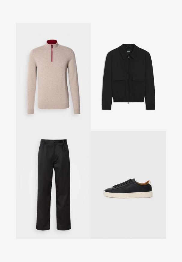Zwarte bomberjack met een kraag, rits aan de voorkant en twee grote klepzakken. Heeft geribde manchetten en onderrand, gemaakt van textuurstof.; Beige pullover trui met een hoge kraag en een korte rits. Heeft rode accenten langs de rits en een gladde, zachte textuur.; Zwarte broek van een gladde stof, met een sluiting met een knoop aan de voorkant, plooien en rechte pijpen. Geen zichtbare patronen of accenten.; Zwarte leren sneakers met een gladde textuur, beige rubberen zool, vetersluiting en een contrasterende hielaccent.