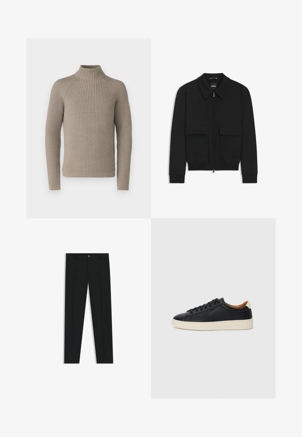 Black bomber jacket with a collared neck, zip front, and two large flap pockets. Features ribbed cuffs and hem, made of textured fabric.; Beige ribbed turtleneck sweater with long sleeves, featuring a fitted silhouette and textured knit pattern. Made from a soft material.; Black dress pants with a straight-leg design, made of smooth fabric. Features a front button closure and belt loops. Plain without patterns.; Black leather sneakers with a smooth texture, beige rubber sole, lace-up design, and a contrasting heel accent.