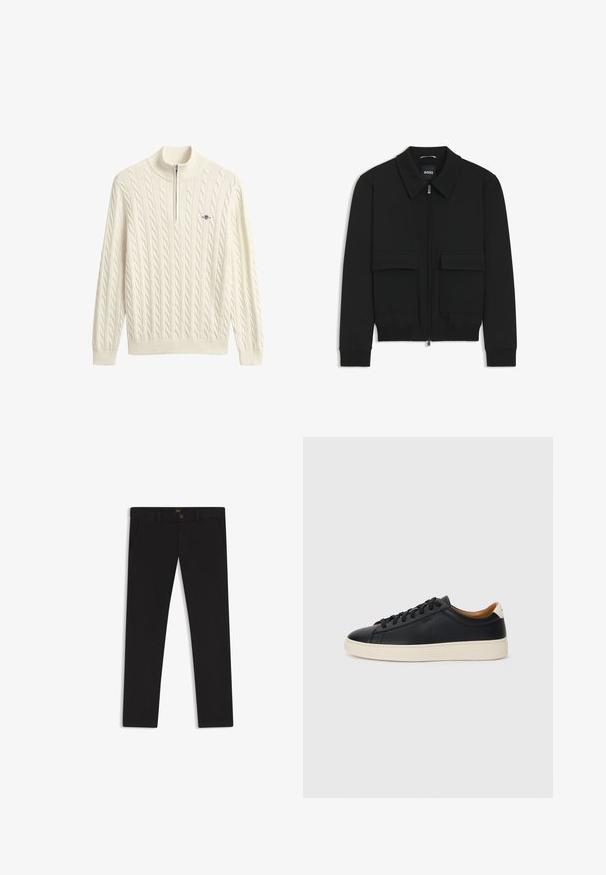 Sort bomberjakke med krave, lynlås foran og to store klaplommer. Har ribbede manchetter og bund, lavet af struktureret stof.; Cremefarvet strikket sweater med høj krave, der har kabelmønstre og halv lynlås lukning. Ribstrikkede manchetter og kant fuldender designet.; Sorte bukser lavet af stof med en glat tekstur. Har en knaplukning, bæltestropper og sidelommer. Standard design med lige ben.; Sorte lædersneakers med en glat overflade, beige gummisål, snørebåndsdesign og en kontrastfarvet hæl.