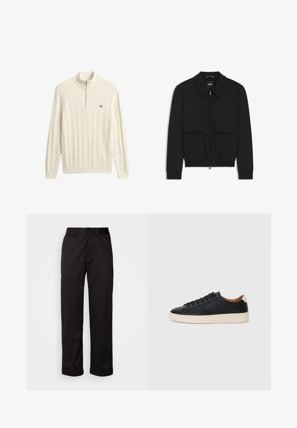 Sort bomberjakke med krave, lynlås foran og to store klaplommer. Har ribbede manchetter og bund, lavet af struktureret stof.; Cremefarvet strikket sweater med høj krave, der har kabelmønstre og halv lynlås lukning. Ribstrikkede manchetter og kant fuldender designet.; Sorte bukser lavet af glat stof med lynlås, knaplukning og opsmøgede nedenkanter for et afslappet design.; Sorte lædersneakers med en glat overflade, beige gummisål, snørebåndsdesign og en kontrastfarvet hæl.