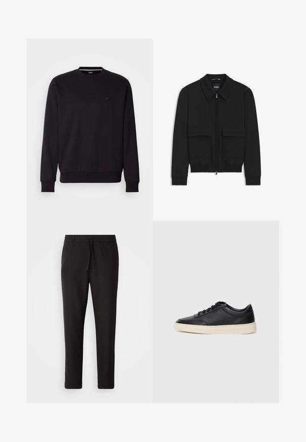 Chaqueta bomber negra con cuello tipo camisa, cierre frontal de cremallera y dos grandes bolsillos con solapa. Presenta puños ribeteados y dobladillo, confeccionada en tela texturizada.; Sudadera negra de cuello redondo, mezcla de algodón, con puños y dobladillo de canalé, pequeño logo en el pecho, textura suave, diseño ajustado.; Pantalones de chándal negros de tejido suave. Cuentan con una cintura elástica con cordón, piernas ajustadas y sin bolsillos visibles. Diseño sencillo.; Zapatilla negra de piel de caña baja con cordones negros y suela color crema, mostrada en perfil lateral sobre fondo blanco.