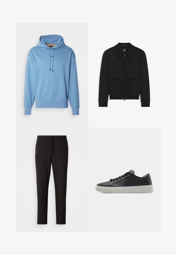 Giacca bomber nera con colletto, chiusura a zip frontale e due grandi tasche con patta. Presenta polsini e orlo a costine, realizzata in tessuto testurizzato.; BOSS WESMALLHOOD - Felpa - open blue; Pantaloni jogger neri realizzati in tessuto liscio. Presentano una vita elasticizzata con stringa, gambe affusolate e senza tasche visibili. Design semplice.; Sneaker in pelle nera con una texture liscia, punta rotonda e lacci neri. Presenta una suola in gomma bianca spessa con sottili accenti geometrici.
