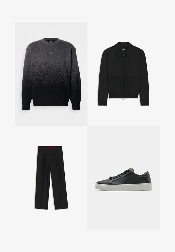 Schwarze Bikerjacke mit Kragen, Reißverschluss vorne und zwei großen Taschen mit Klappen. Mit Rippstrickbündchen und Saum, aus strukturiertem Stoff gefertigt.; Langarm-Pullover mit Rundhalskragen in Grau-Schwarz-Verlauf und gesticktem "BOSS"-Logo auf der Brust.; Schwarze weit geschnittene Hosen mit flachem Bund, zwei seitlichen Taschen, gefaltetem Design und einem kontrastierenden roten Innenbund.; Schwarze Ledersneaker mit glatter Textur, runder Zehenform und schwarzen Schnürsenkeln. Verfügt über eine dicke, weiße Gummisohle mit subtilen geometrischen Akzenten.