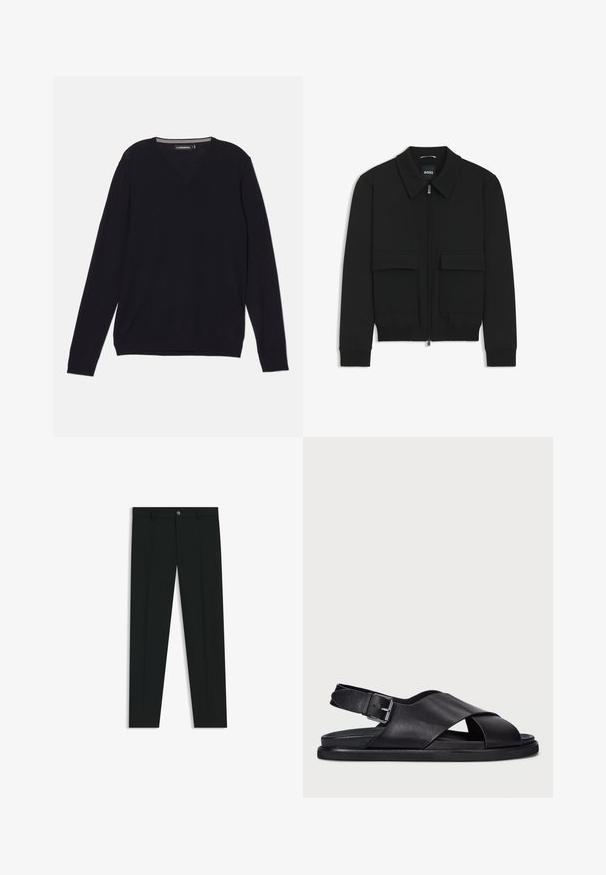 Black bomber jacket with a collared neck, zip front, and two large flap pockets. Features ribbed cuffs and hem, made of textured fabric.; Black long-sleeve V-neck sweater made of a smooth, lightweight fabric. Includes ribbed cuffs and hem for a fitted appearance.; Black dress pants with a straight-leg design, made of smooth fabric. Features a front button closure and belt loops. Plain without patterns.; Polo Ralph Lauren ZANE LEATHER SANDAL - Sandals - black