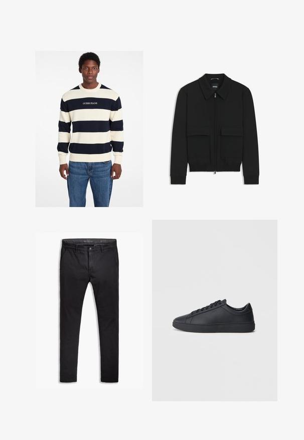 Zwarte bomberjack met een kraag, rits aan de voorkant en twee grote klepzakken. Heeft geribde manchetten en onderrand, gemaakt van textuurstof.; Marineblauw en crèmekleurig gestreepte trui van gebreid materiaal met geribbelde manchetten en zoom, met het "GUESS JEANS" logo op de voorkant. Casual pasvorm.; Zwarte katoenen chinos met een taps toelopende pasvorm, voorzien van vijf zakken, riemlussen en een gladde textuur. Ritssluiting met een knoopsluiting.; Zwarte sneakers van glad leer met een lage schacht, ronde neus en platte rubberen zool. Voorzien van veters en subtiele branding.