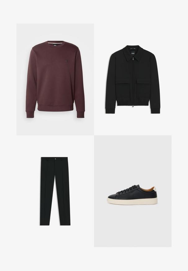 Giacca bomber nera con colletto, chiusura a zip frontale e due grandi tasche con patta. Presenta polsini e orlo a costine, realizzata in tessuto testurizzato.; BOSS SHARPE - Felpa - open red; Pantaloni neri in tessuto lisci, con design a gamba dritta. Presentano una chiusura frontale con bottone e passanti per cintura. Senza fantasie.; Sneakers in pelle nera con una texture liscia, suola in gomma beige, design con lacci e un accento del tacco in contrasto.