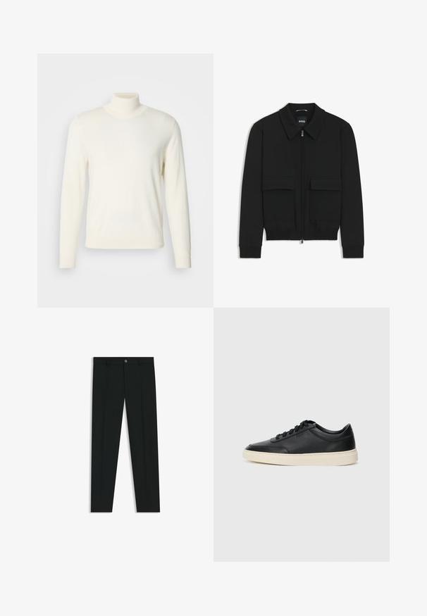 Giacca bomber nera con colletto, chiusura a zip frontale e due grandi tasche con patta. Presenta polsini e orlo a costine, realizzata in tessuto testurizzato.; Pullover a collo alto di colore crema, realizzato in tessuto morbido, con maniche lunghe e una silhouette aderente, privo di motivi o decorazioni visibili.; Pantaloni neri in tessuto lisci, con design a gamba dritta. Presentano una chiusura frontale con bottone e passanti per cintura. Senza fantasie.; Sneaker in pelle nera a basso profilo con lacci neri e suola avorio, mostrato di profilo su sfondo bianco.