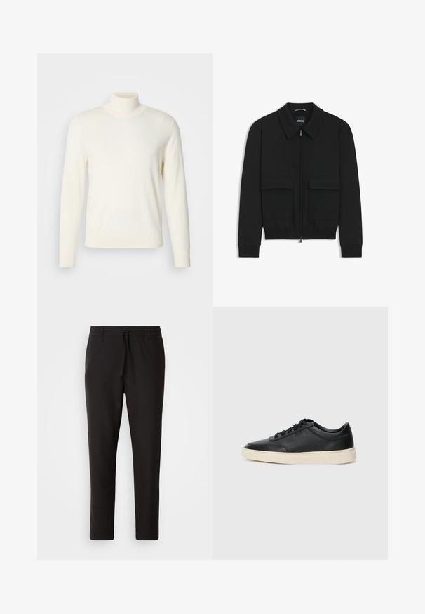 Chaqueta bomber negra con cuello tipo camisa, cierre frontal de cremallera y dos grandes bolsillos con solapa. Presenta puños ribeteados y dobladillo, confeccionada en tela texturizada.; Jersey de cuello alto color crema, confeccionado en una tela suave, con mangas largas y una silueta ajustada, sin patrones visibles ni adornos.; Pantalones de chándal negros de tejido suave. Cuentan con una cintura elástica con cordón, piernas ajustadas y sin bolsillos visibles. Diseño sencillo.; Zapatilla negra de piel de caña baja con cordones negros y suela color crema, mostrada en perfil lateral sobre fondo blanco.
