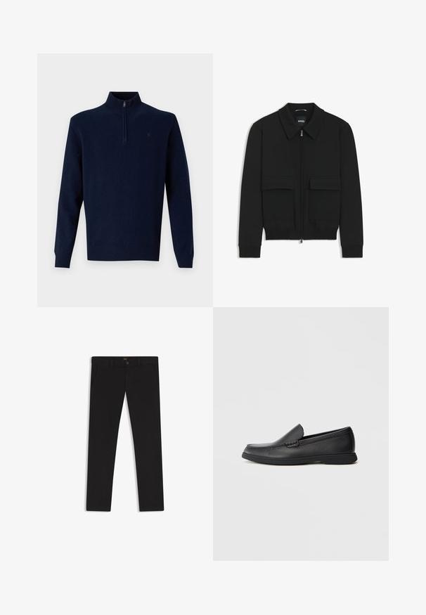 Schwarze Bikerjacke mit Kragen, Reißverschluss vorne und zwei großen Taschen mit Klappen. Mit Rippstrickbündchen und Saum, aus strukturiertem Stoff gefertigt.; Marineblauer Pullover mit Viertelreißverschluss aus einem weichen Strickstoff. Verfügt über lange Ärmel sowie gerippte Bündchen und Saum für eine figurschmeichelnde Silhouette.; Schwarze Hosen aus einem Stoff mit glatter текстуре. Verfügt über einen Knopfverschluss, Gürtelschlaufen und Seitentaschen. Klassisches Design mit geradem Bein.; Schwarze Leder Slipper mit strukturiertem Obermaterial, runder Zehenform, niedrigem Absatz und Gummisohle, seitlich auf weißem Hintergrund abgebildet.