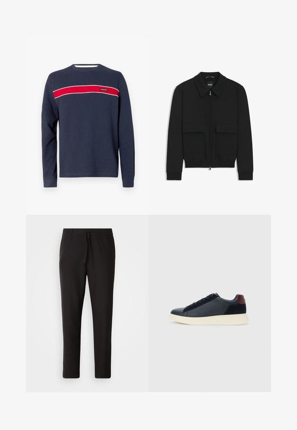 Schwarze Bikerjacke mit Kragen, Reißverschluss vorne und zwei großen Taschen mit Klappen. Mit Rippstrickbündchen und Saum, aus strukturiertem Stoff gefertigt.; Marineblaues Langarmhemd mit gerippter Textur, das einen horizontalen roten Streifen und weiße Akzente über der Brust aufweist, mit einem Logoetikett.; Schwarze Jogginghose aus glattem Stoff. Mit einem elastischen Bund und Kordelzug, schmal zulaufenden Beinen und ohne sichtbare Taschen. Einfaches Design.; Schwarze Leder- und Wildledersneaker für Herren mit einem ziegelroten Fersenpatch und weißer Gummisohle, von der Außenseite betrachtet.