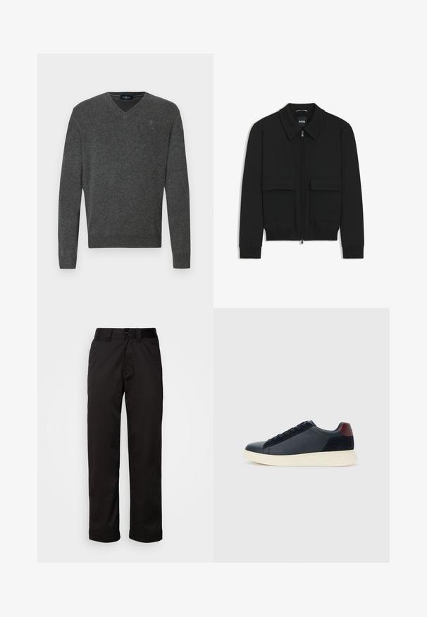 Schwarze Bikerjacke mit Kragen, Reißverschluss vorne und zwei großen Taschen mit Klappen. Mit Rippstrickbündchen und Saum, aus strukturiertem Stoff gefertigt.; Grauer V-Ausschnitt-Pullover aus weichem Material. Mit gerippten Bündchen und Saum, sowie einem kleinen gestickten Logo auf der Brust. Schlichtes Design, klassische Passform.; Schwarze Hose aus glattem Stoff, mit Reißverschluss, Knopfverschluss und umgeschlagenen Säumen für ein lässiges Design.; Schwarze Leder- und Wildledersneaker für Herren mit einem ziegelroten Fersenpatch und weißer Gummisohle, von der Außenseite betrachtet.