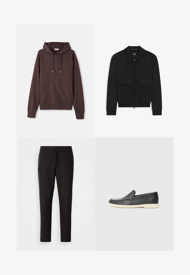 Czarna kurtka bomberka z kołnierzykiem, zapinana na zamek, z dwiema dużymi kieszeniami z klapami. Posiada ściągacze na mankietach i dole, wykonana z teksturowanej tkaniny.; Brązowy hoodie wykonany z miękkiej mieszanki bawełny, z kieszenią z przodu, regulowanym sznurkiem i haftowanym logo w okolicy kołnierza.; Czarne spodnie dresowe wykonane z gładkiego materiału. Posiadają elastyczny pas ze sznurkiem, zwężane nogawki oraz brak widocznych kieszeni. Prosty design.; Czarne skórzane slip-ony w stylu loafers z teksturowanym wykończeniem i kontrastującą beżową gumową podeszwą. Posiadają delikatny akcent wzdłuż przodu.